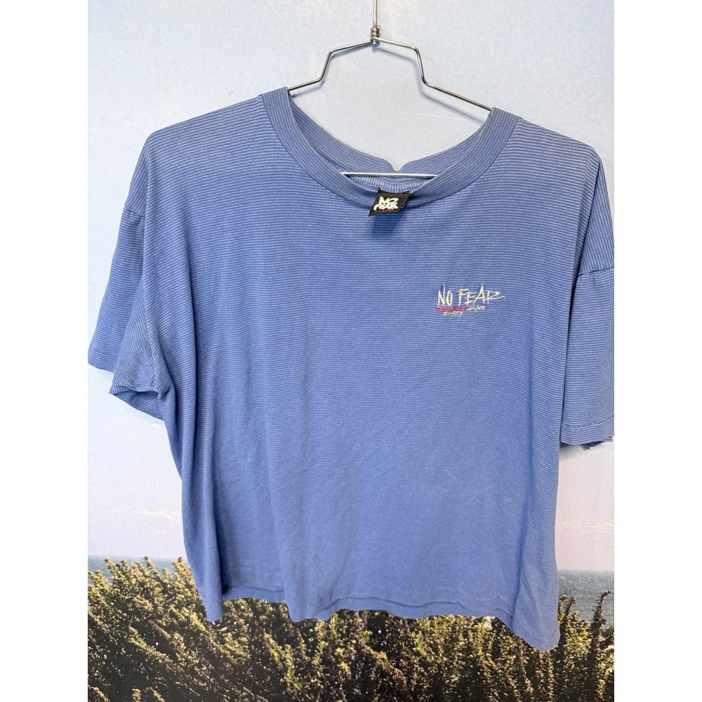 Vintage NO FEAR Single Stitch 90's T-Shirt Size XL Boxy Blue Stripes USA MADE